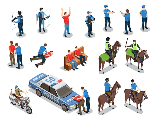 Police isometric icons set with law enforcement symbols isolated vector illustration