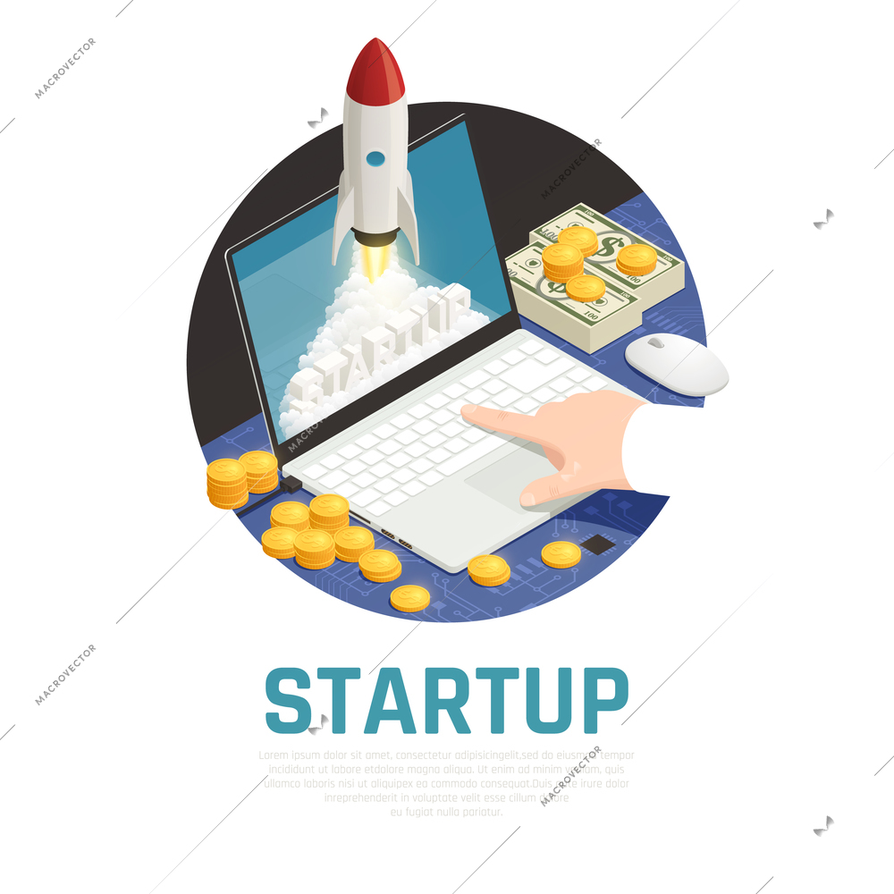 Entrepreneur with money during start up project on laptop isometric round composition vector illustration