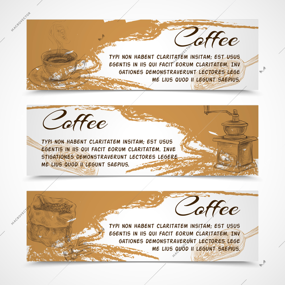 Horizontal retro black strong coffee aroma banners set with beans grinder and coffeepot doodle handdrawn vector illustration