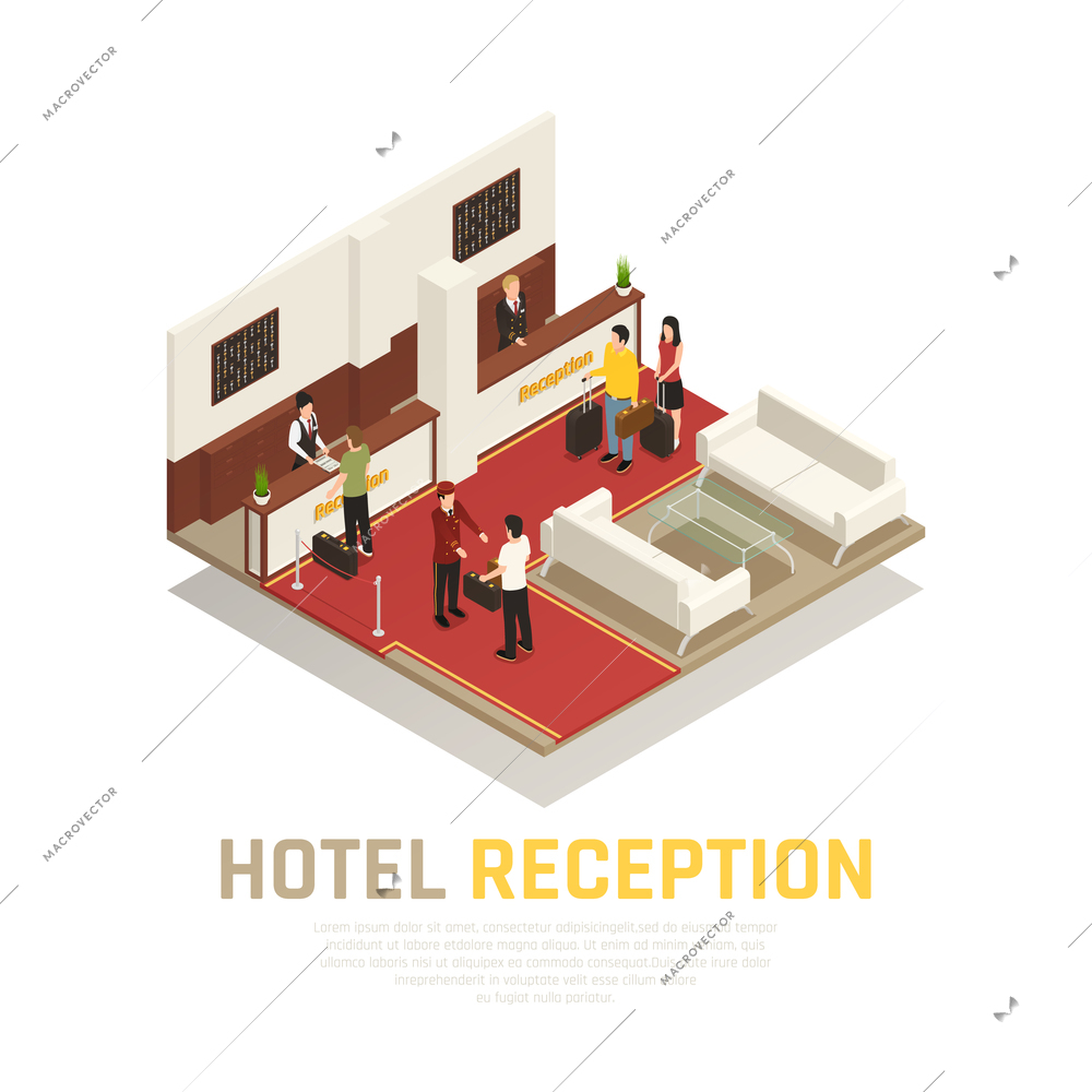 Hotel reception with staff and tourists guest area with white furniture isometric composition vector illustration