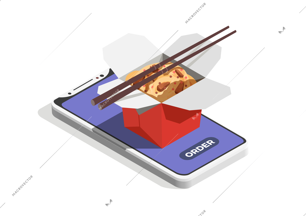 Street food concept with online order symbols isometric vector illustration