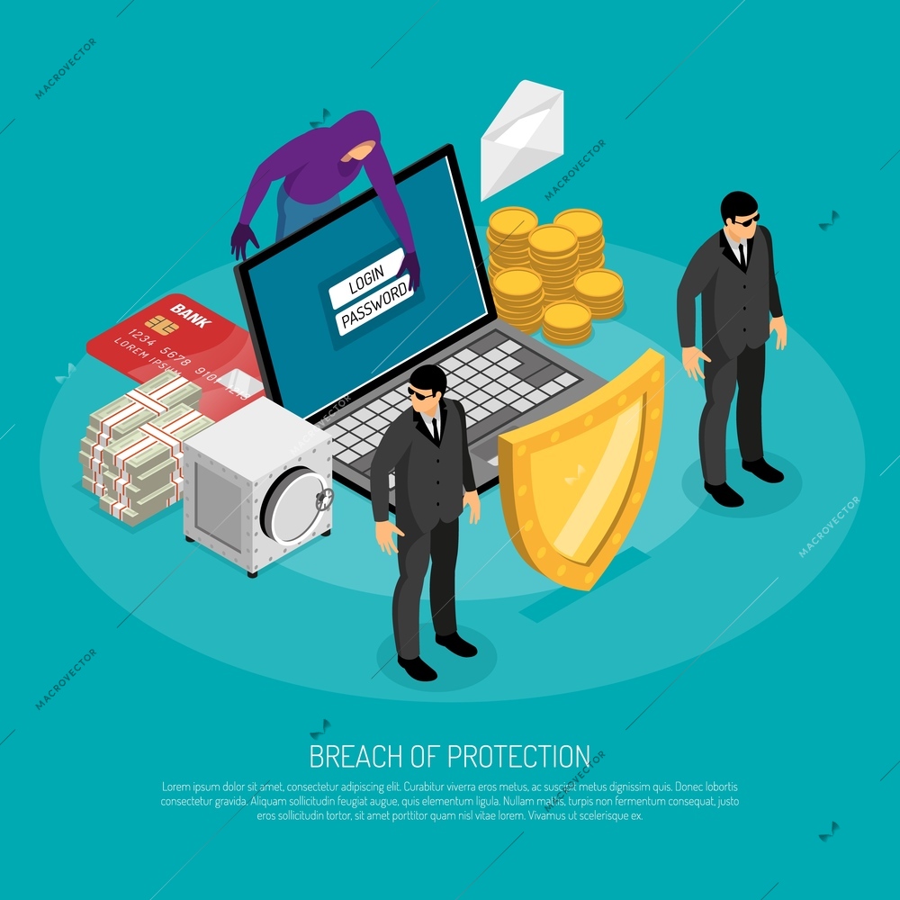 Breach of protection isometric concept with fraud hacking computer 3d vector illustration