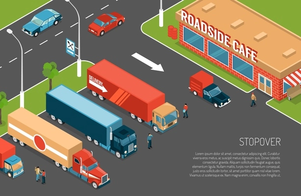 Delivery trucks stopover on parking zone near roadside cafe 3d isometric vector illustration