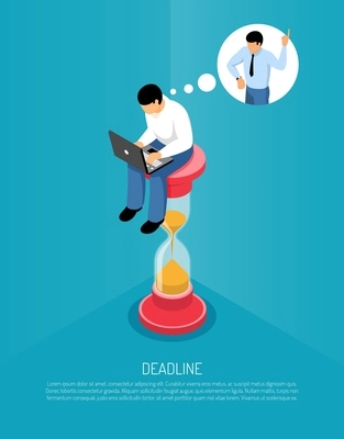 Isometric concept with sand clock and man working on computer and thinking about deadline 3d vector illustration