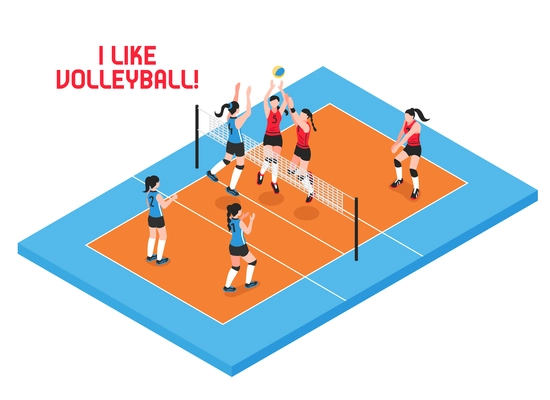 Female teams during volley ball game on blue orange play field isometric vector illustration