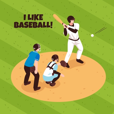 Players and referee during baseball match on game field background isometric vector illustration