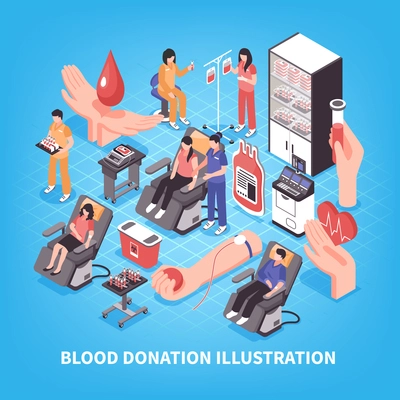 Donation and blood bank medical staff and equipment on blue background isometric vector illustration