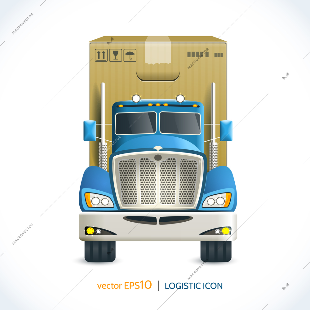 Logistic shipping realistic heavy truck with carton box  isolated on white vector illustration