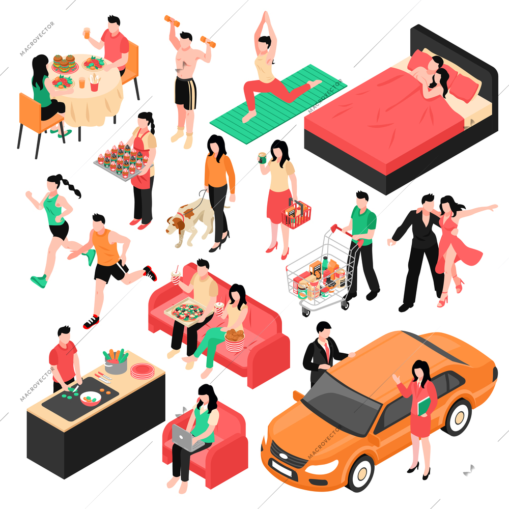 Daily routine man and woman isometric set couple during eating work shopping and sleep isolated vector illustration