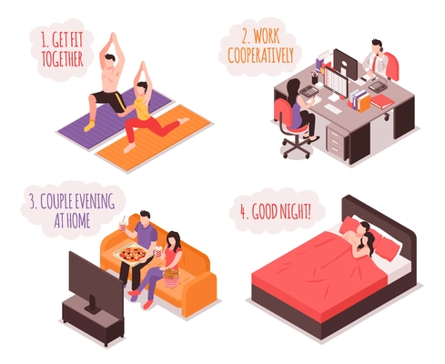 Daily life of couple isometric concept fitness and work together home evening and sleep isolated vector illustration