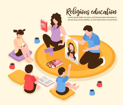 Catholic religious home education parents showing children bible and portrait of jesus isometric vector illustration