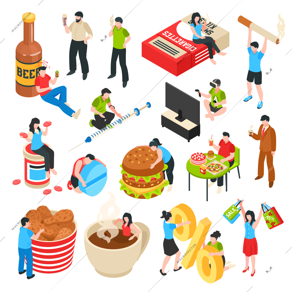 Human characters with bad habits alcohol and drug shopaholism fast food isometric icons set isolated vector illustration