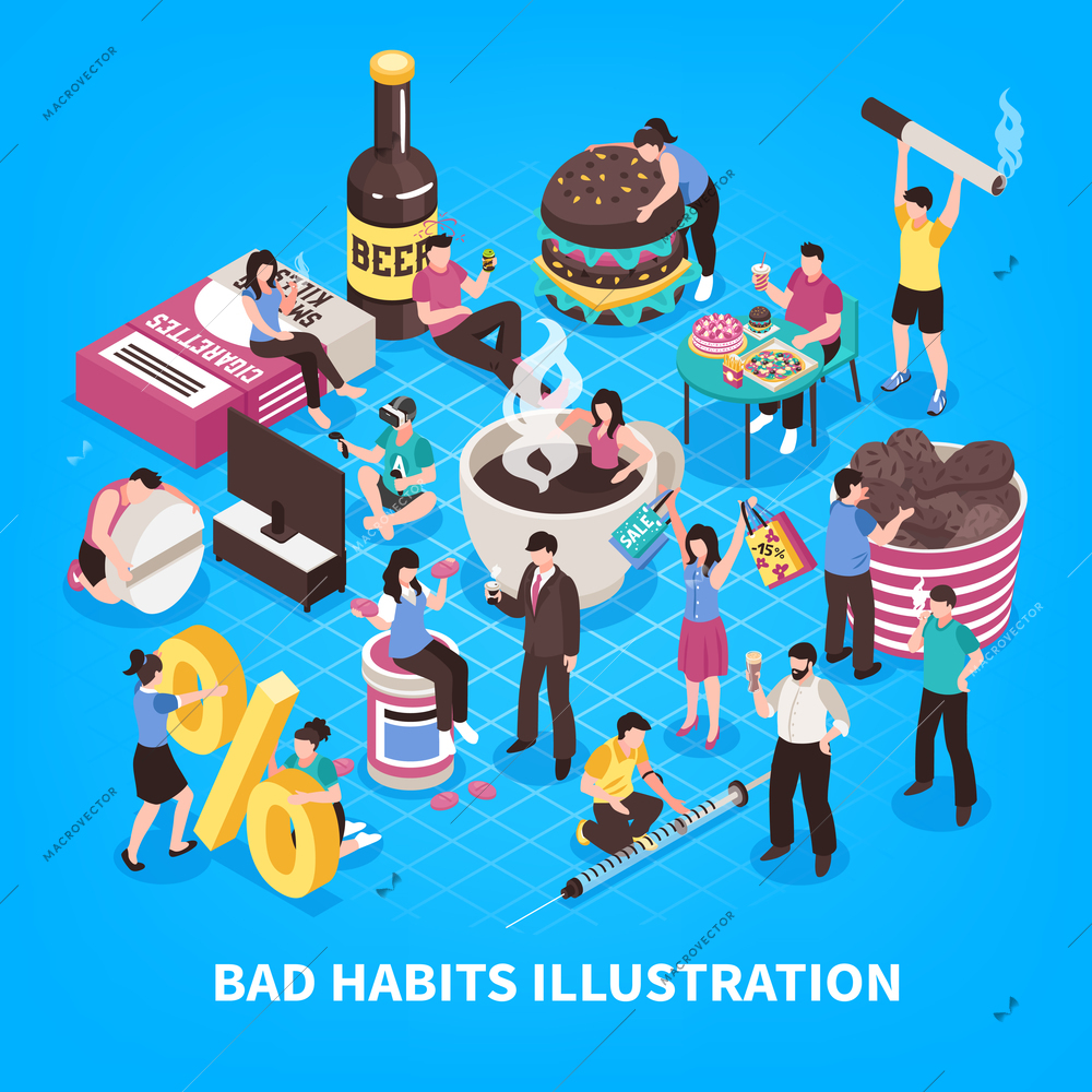 Harmful habits including abuse of coffee and fast food smoking gaming addiction blue background isometric vector illustration