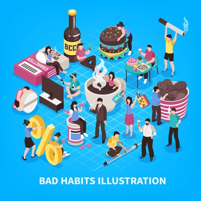 Harmful habits including abuse of coffee and fast food smoking gaming addiction blue background isometric vector illustration