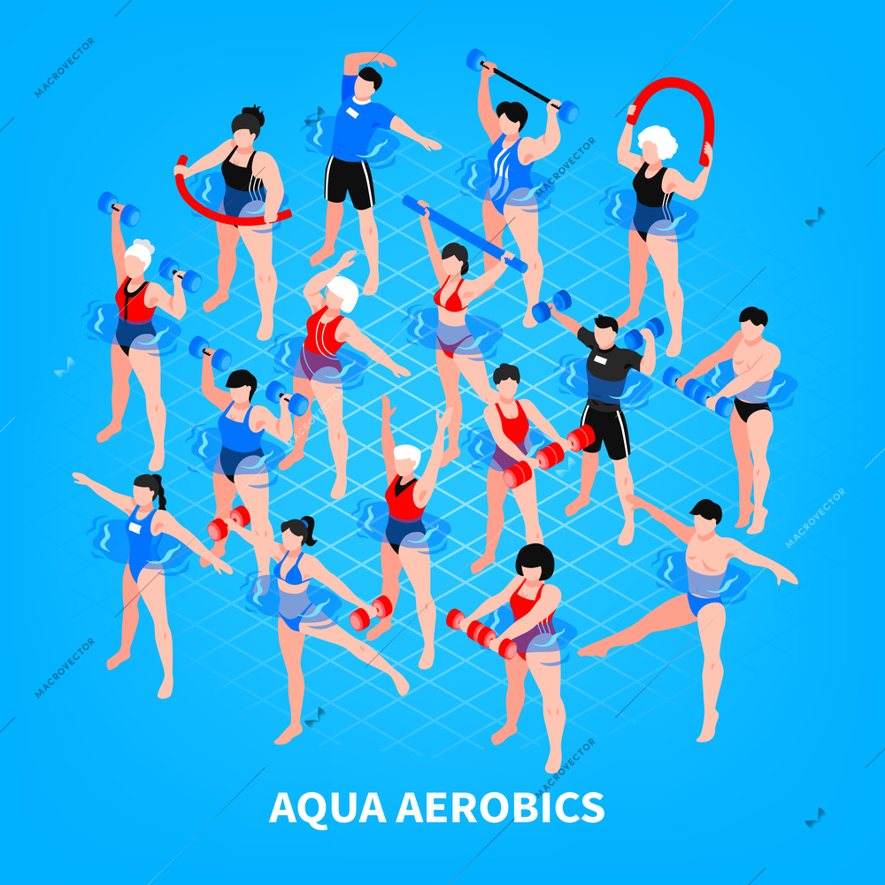 Aqua aerobics isometric composition on blue background men and women with sport equipment during training vector illustration