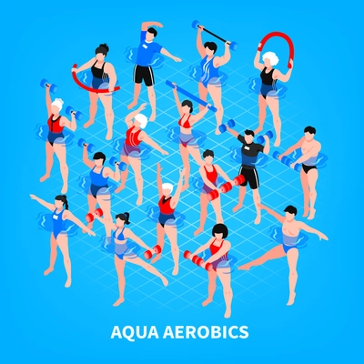 Aqua aerobics isometric composition on blue background men and women with sport equipment during training vector illustration