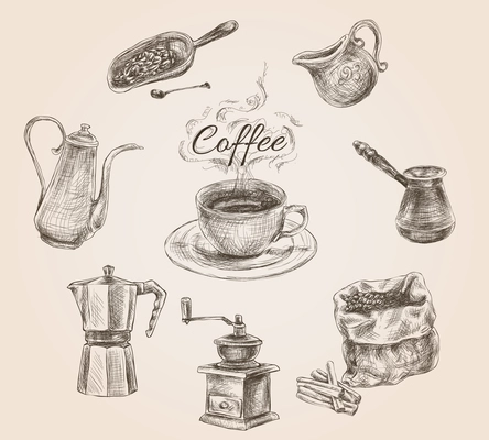 Coffee set with milk can, cezve and coffee beans vintage doodle hand drawn vector illustration