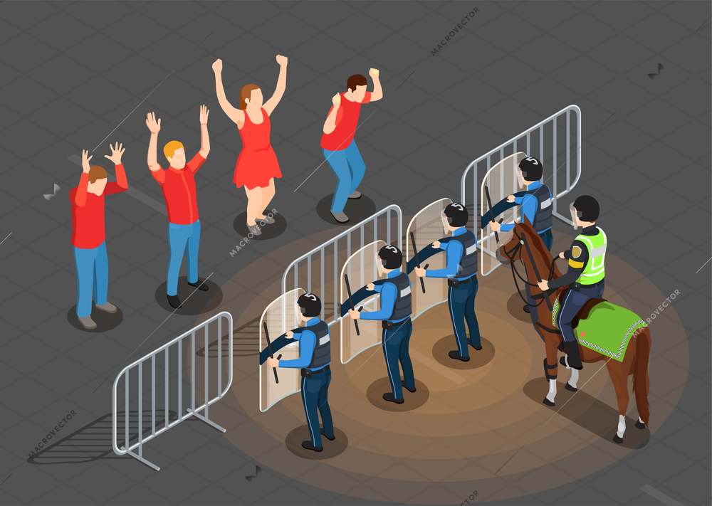 Police and people isometric background with protest prevention symbols vector illustration