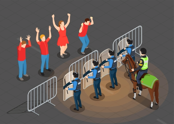 Police and people isometric background with protest prevention symbols vector illustration