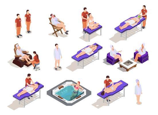 Spa salon isometric icons with customers and staff procedures for body and face care isolated vector illustration