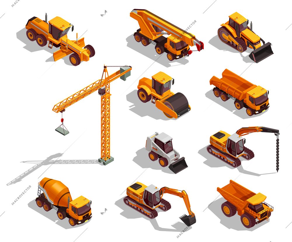 Black yellow construction machinery for road works and building set of isometric icons isolated vector illustration