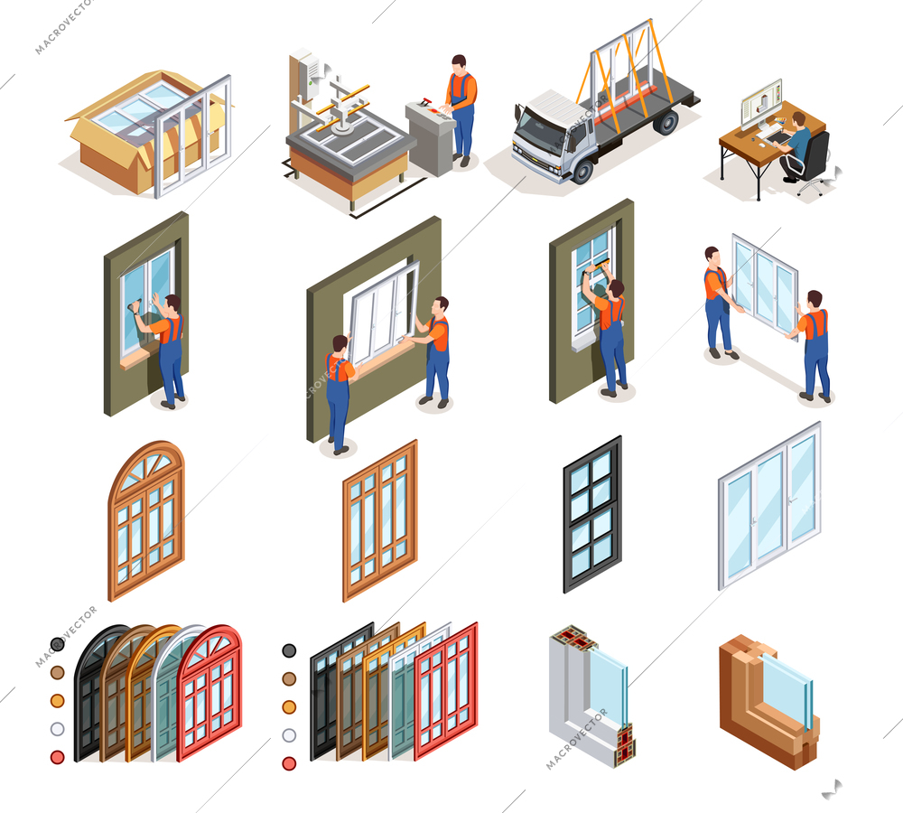 Pvc windows production isometric icons with workers during design manufacturing transportation and installation isolated vector illustration