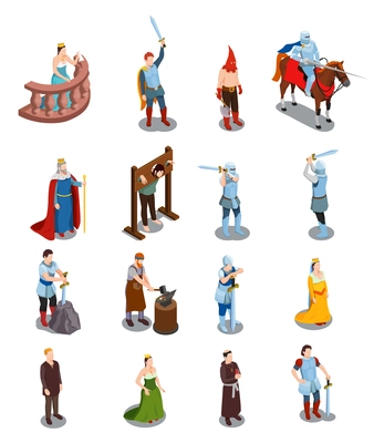 Medieval isometric icons with royal persons knights torture scene priest and blacksmith isolated vector illustration