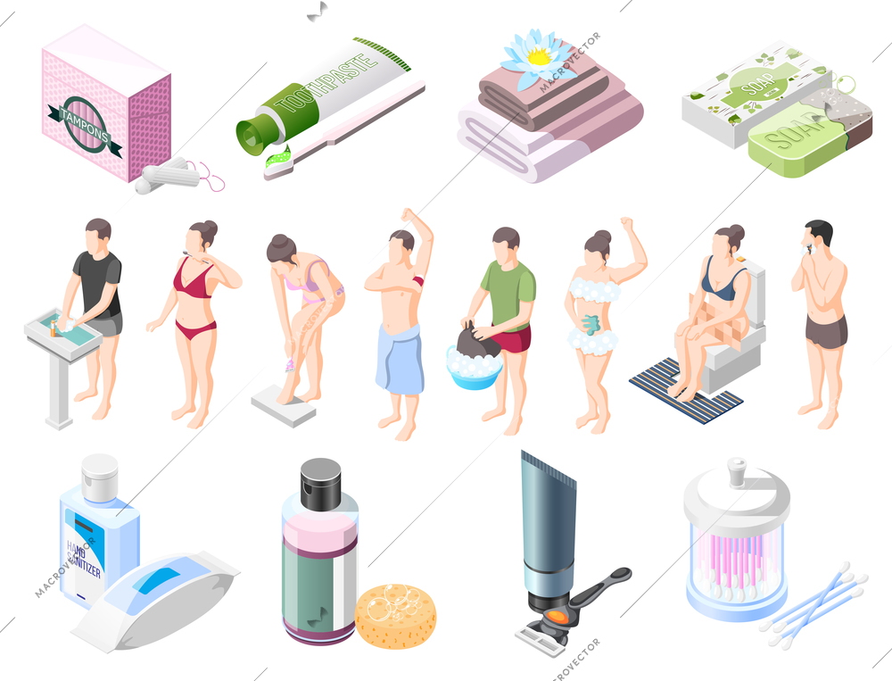 Personal hygiene isometric icons set soap shampoo shaving cream wet wipes towel tampons for intimate hygiene vector illustration