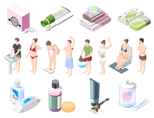 Personal hygiene isometric icons set soap shampoo shaving cream wet wipes towel tampons for intimate hygiene vector illustration