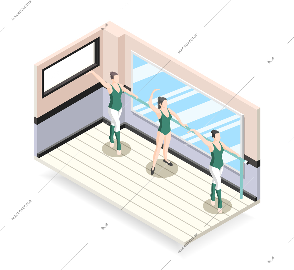 Training of ballet dancers isometric design concept with three ballerinas characters doing exercises at barre vector illustration