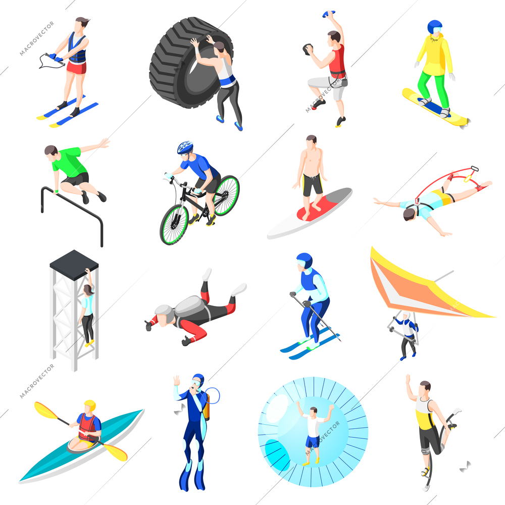 Extreme sports isometric icons set of young people engaging in power show parkour bungee jumping diving kayaking snowboarding parachuting isolated vector illustration