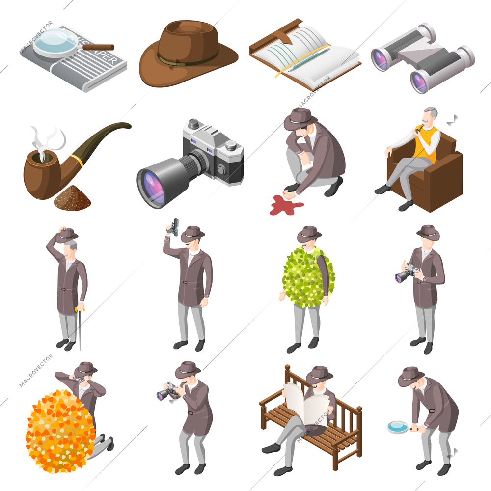 Classic detective isometric icons set of secret agents investigators police inspector characters and accessories isolated vector illustration