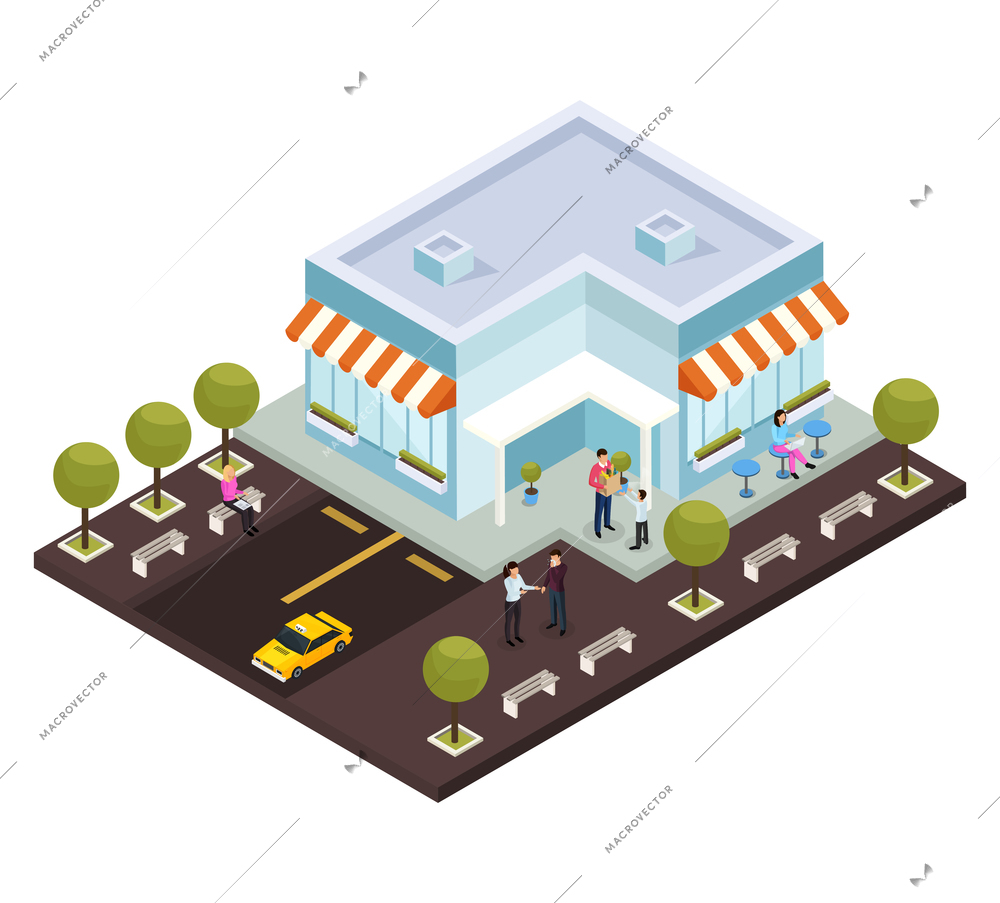 Urban architecture isometric composition with small modern coffee shop cafe building exterior parking lot customers vector illustration