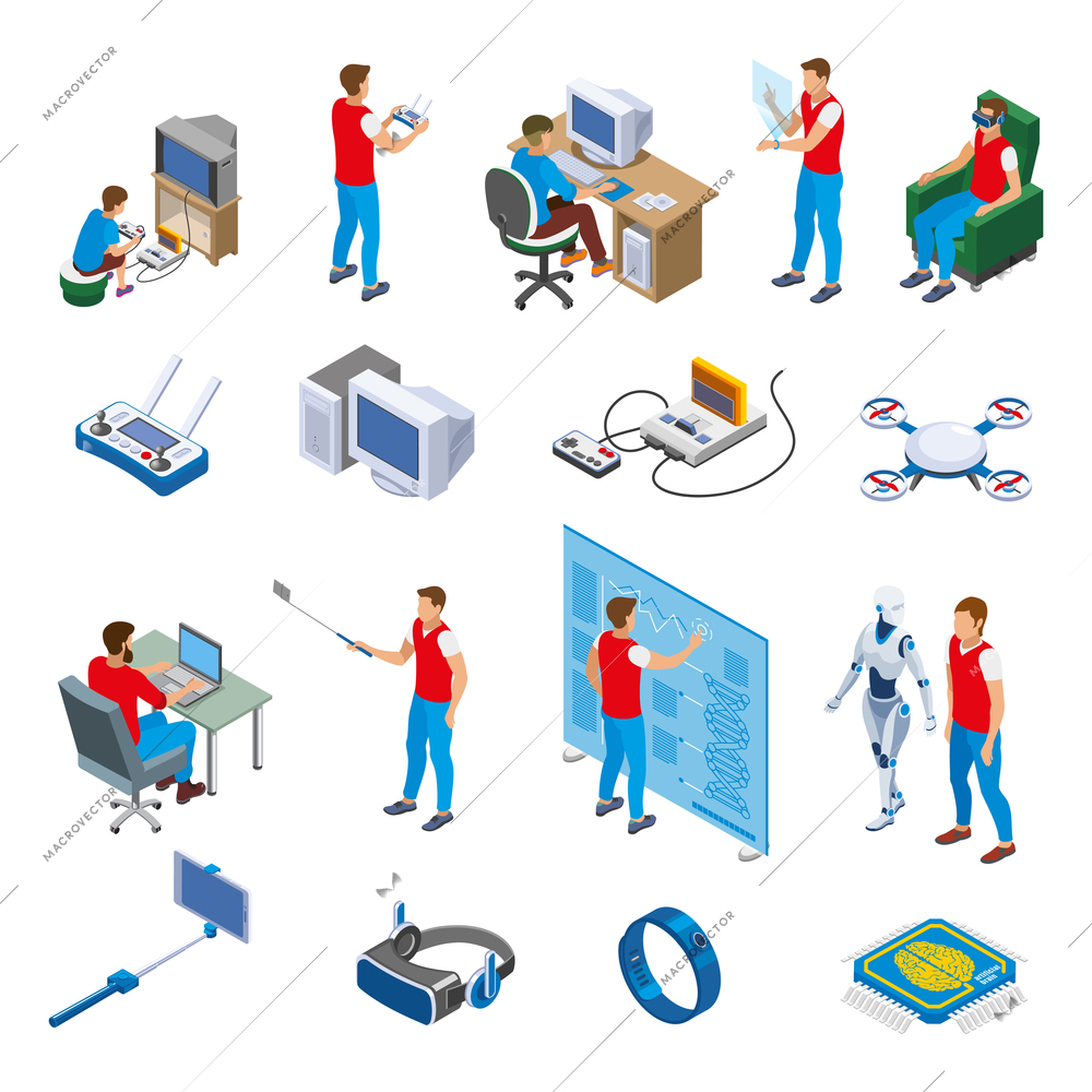 Digital gadget evolution isometric icons with human characters computer technology and robots isolated vector illustration