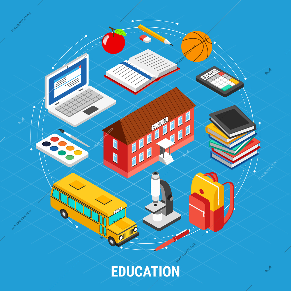 Isometric education concept with different school objects on blue background 3d vector illustration