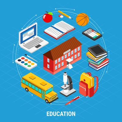 Isometric education concept with different school objects on blue background 3d vector illustration