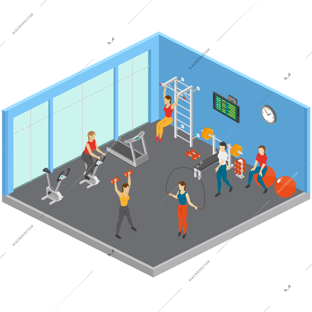 Fitness isometric composition with sport exercise room with big windows sporting equipment and people working out vector illustration