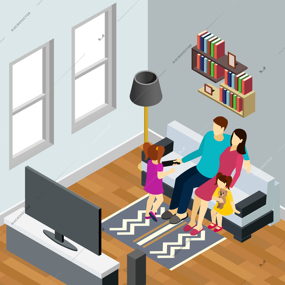 Young family with 2 little daughters watching tv home isometric composition with living room interior vector illustration