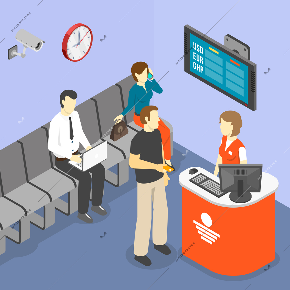 Bank isometric composition with view of waiting room with ticket system board people and reception stand vector illustration
