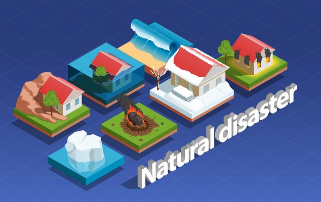 Natural disaster isometric concept with flood and fire isolated vector illustration