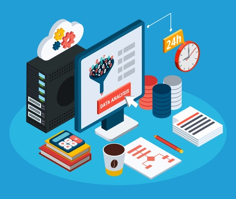 Data analysis isometric background with computer connected by unlimited Internet access to cloud storage vector illustration