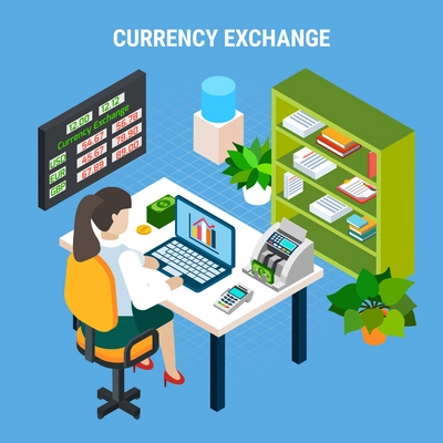 Currency exchange banking office isometric composition with employee at work place with professional equipment vector illustration