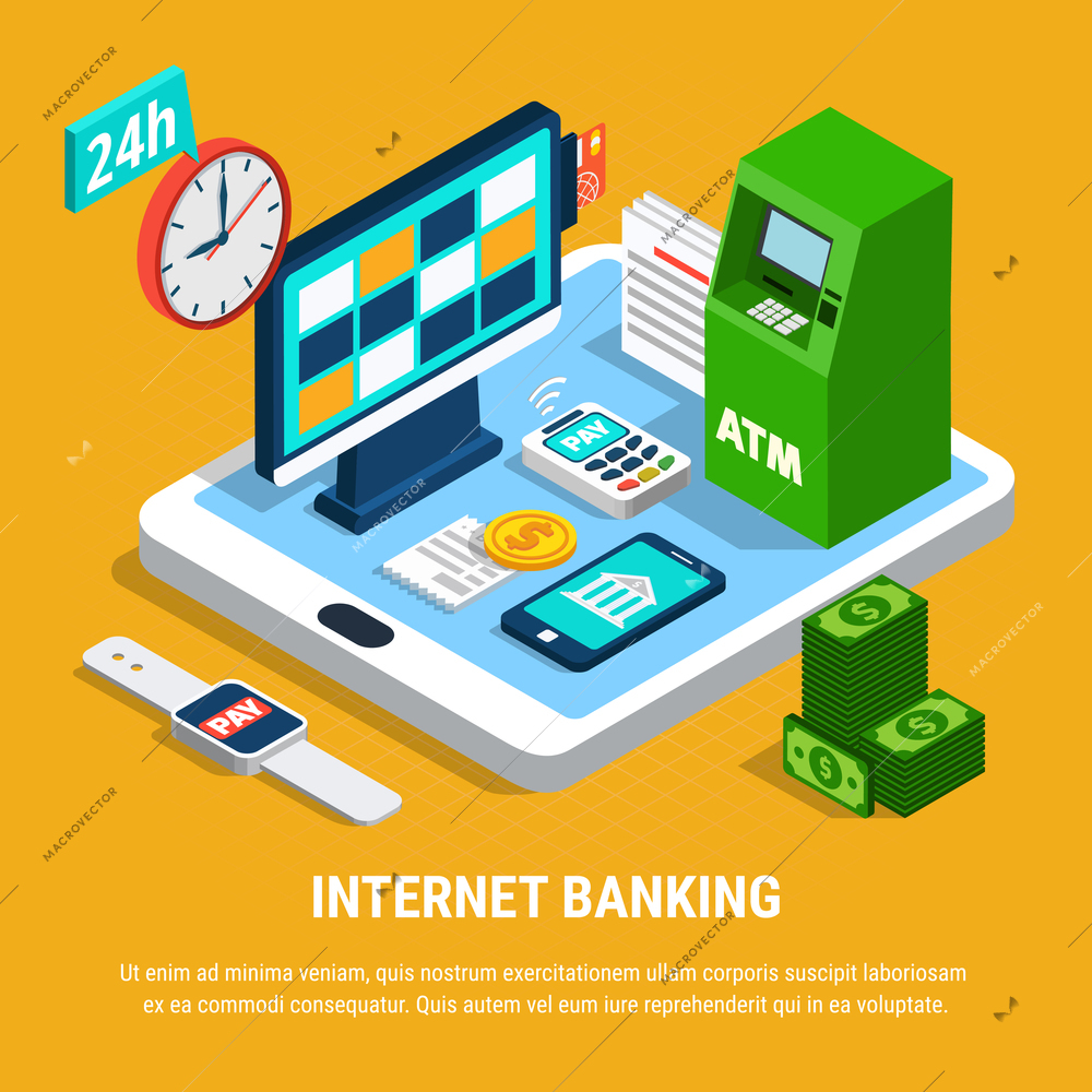 Internet banking isometric composition on yellow background with 24h, atm, electronic payment, mobile devices vector illustration