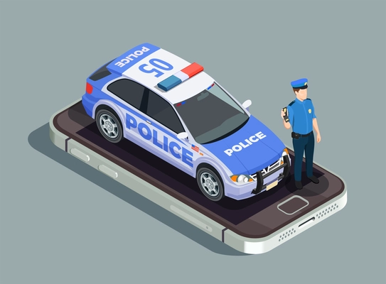 Police isometric concept with officer car and phone symbols vector illustration