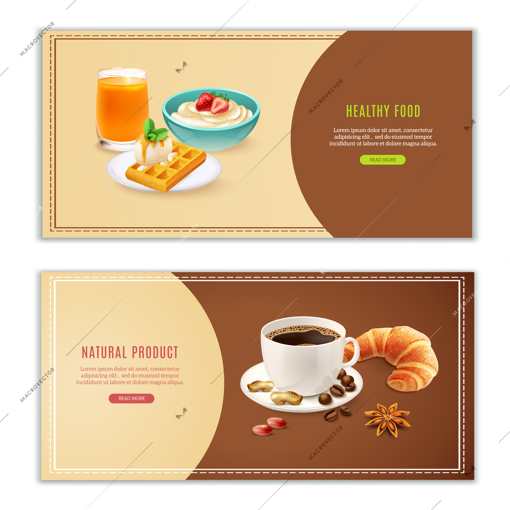 Realistic horizontal banners set with various spices cup of coffee waffle porridge and croissant isolated vector illustration