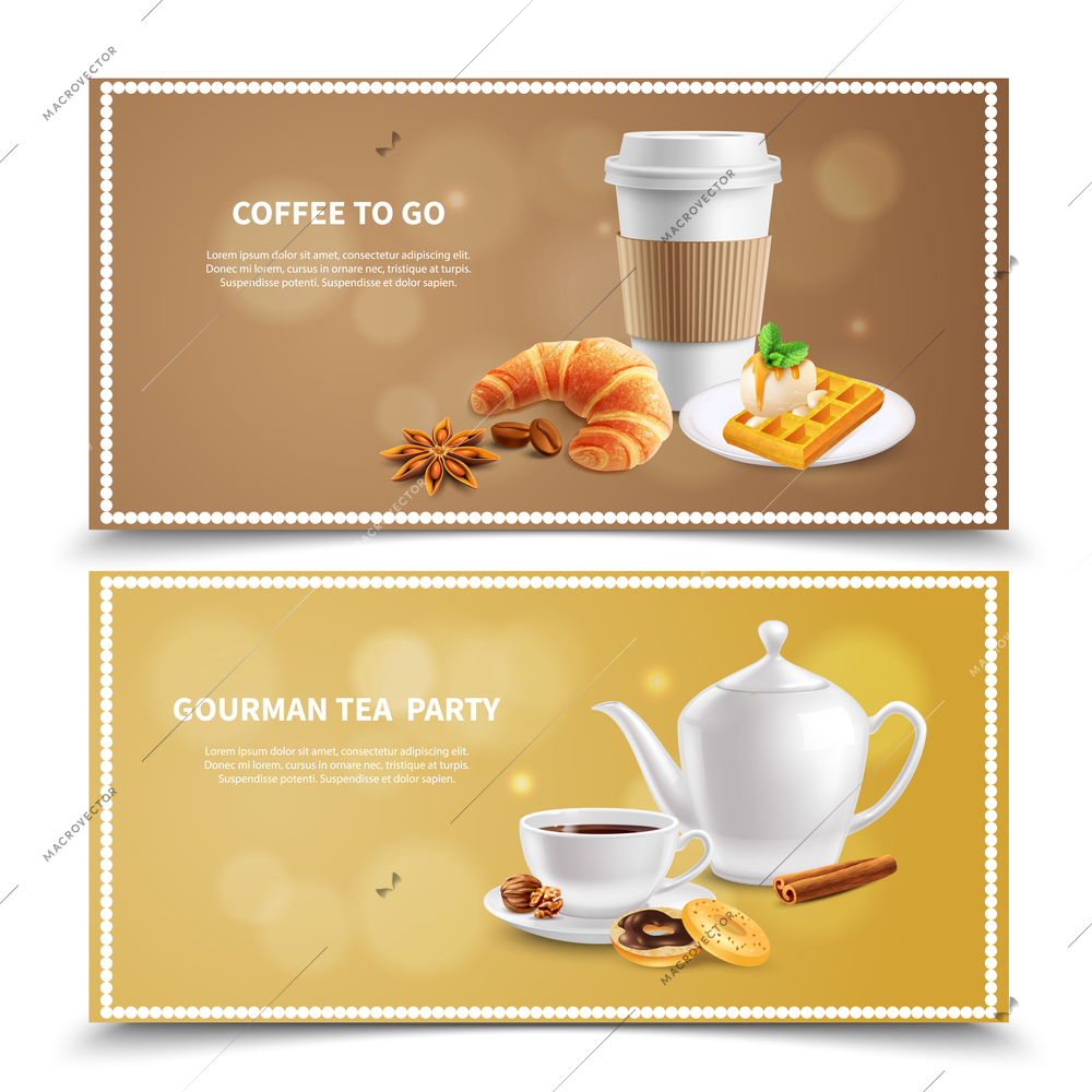 Two horizontal banners with coffee and various desserts for breakfast realistic isolated vector illustration