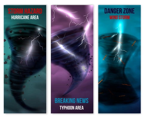 Storm hurricane tornado realistic banners collection of three vertical backgrounds with images of lightning and swirl vector illustration