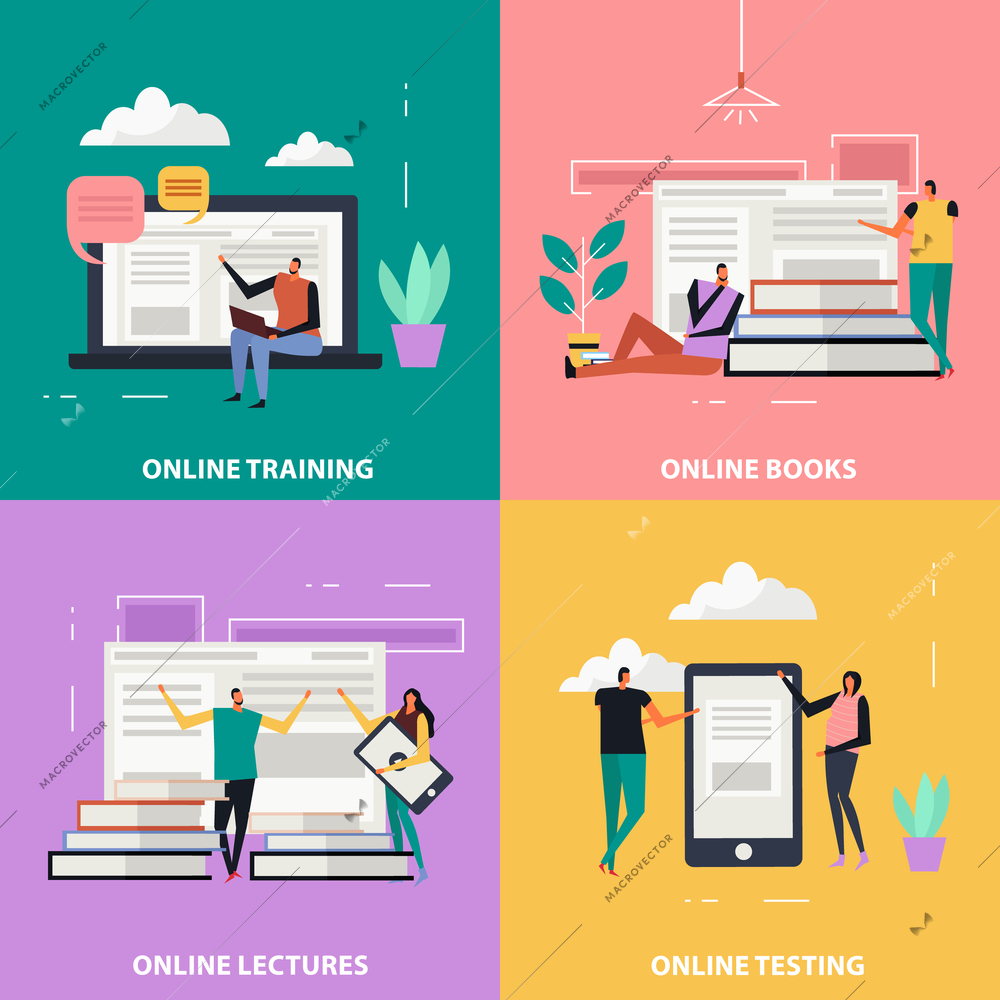 Online education flat design concept, web training, distance lectures, electronic books, internet testing isolated vector illustration