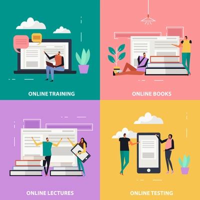 Online education flat design concept, web training, distance lectures, electronic books, internet testing isolated vector illustration