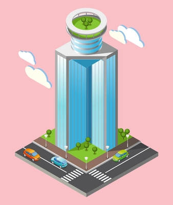 3d isometric futuristic skyscrapers composition with part of the city with roads and tall buildings on pink background vector illustration